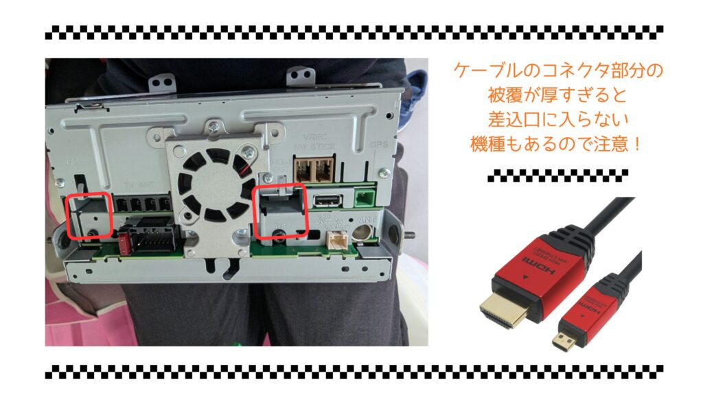 ナビのHDMI差込口　
ケーブルの被覆の厚さに注意