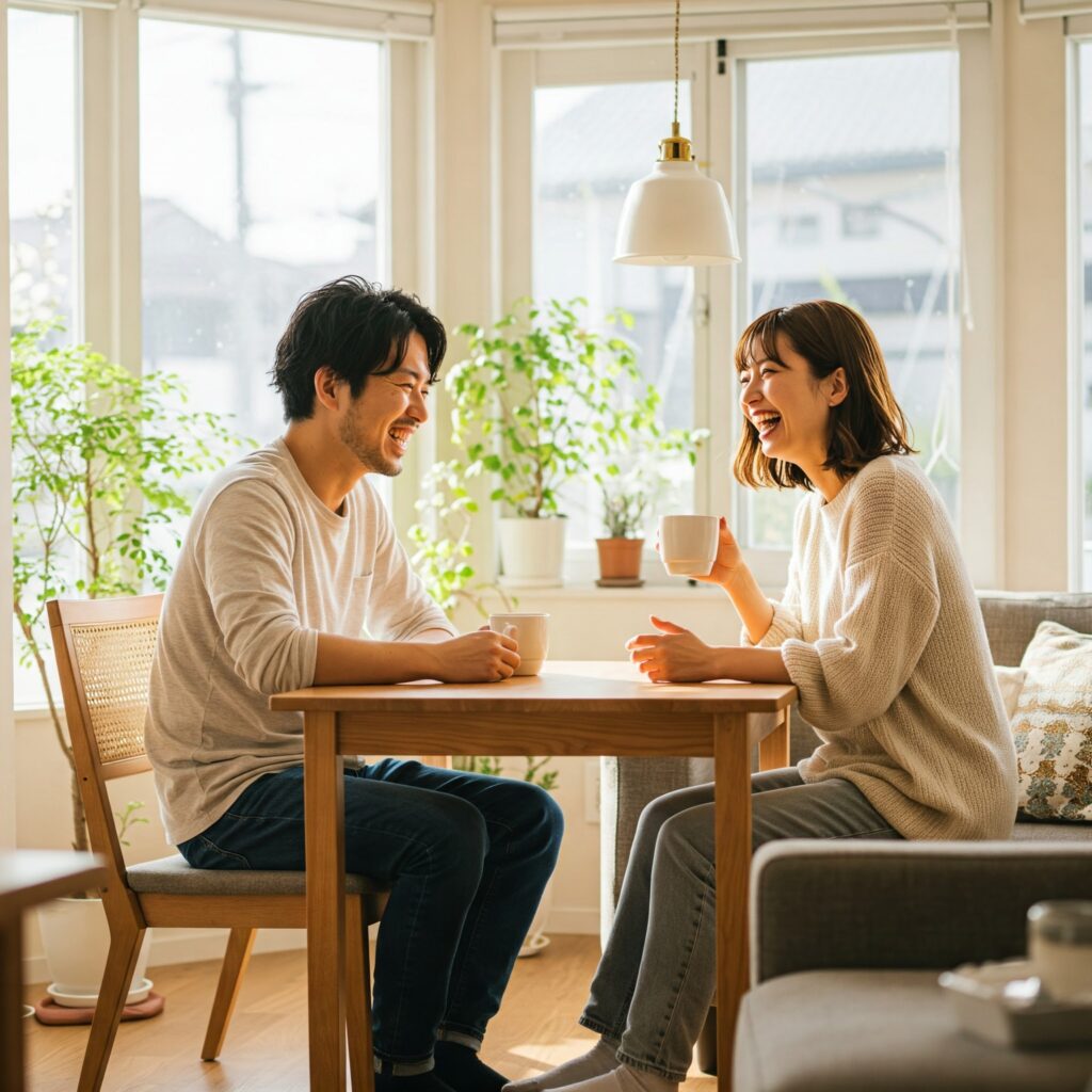 出張車内クリーニングを依頼して、作業中の間、家で寛ぐ依頼主の夫婦のイメージ